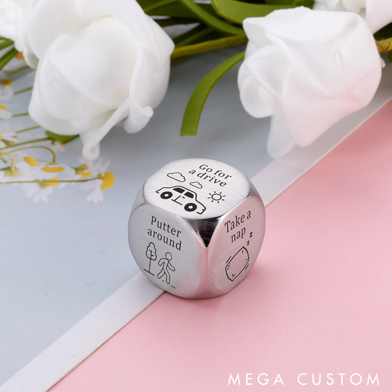 Personalized Stainless Steel Decision Dice Funny Activity Selector with Engraved Options Happy Retirement Gifts for Coworker Colleague Employee Appreciation Gifts Unique Gift for Friends Family or Office Desk Decor