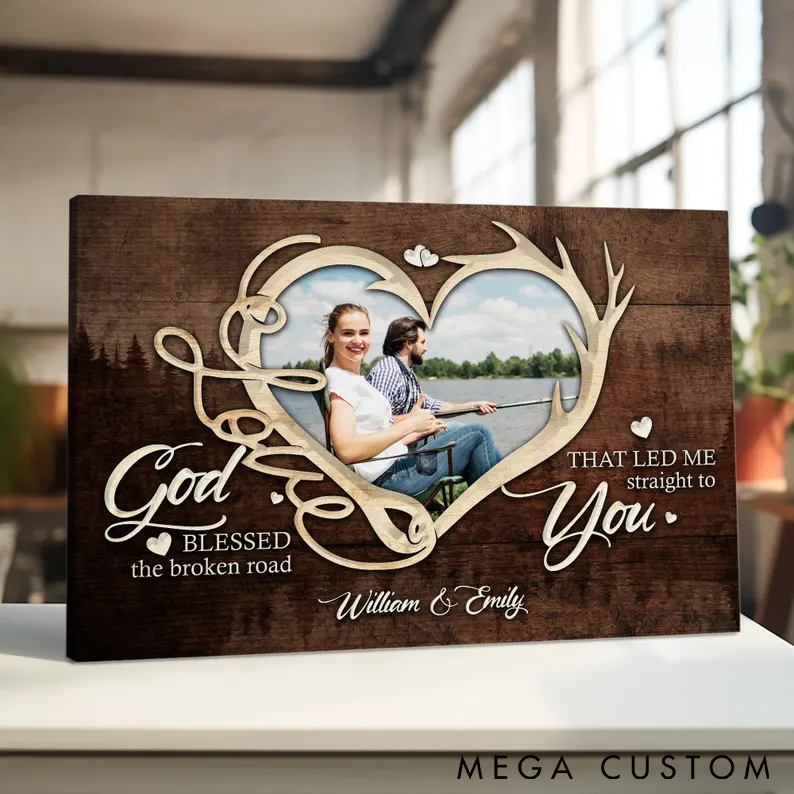 Personalized Fishing Couple Canvas Romantic Rustic Decor for Fishing Lovers Custom Photo and Names Perfect Gift for Couples or Anniversaries