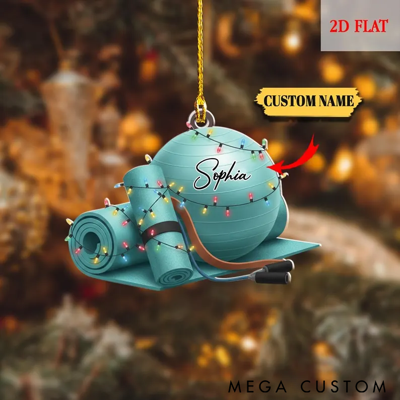 Personalized Yoga Ornament Yoga Mat and Ball Design with Festive Lights Custom Name Perfect Christmas Decor for Yoga Lovers