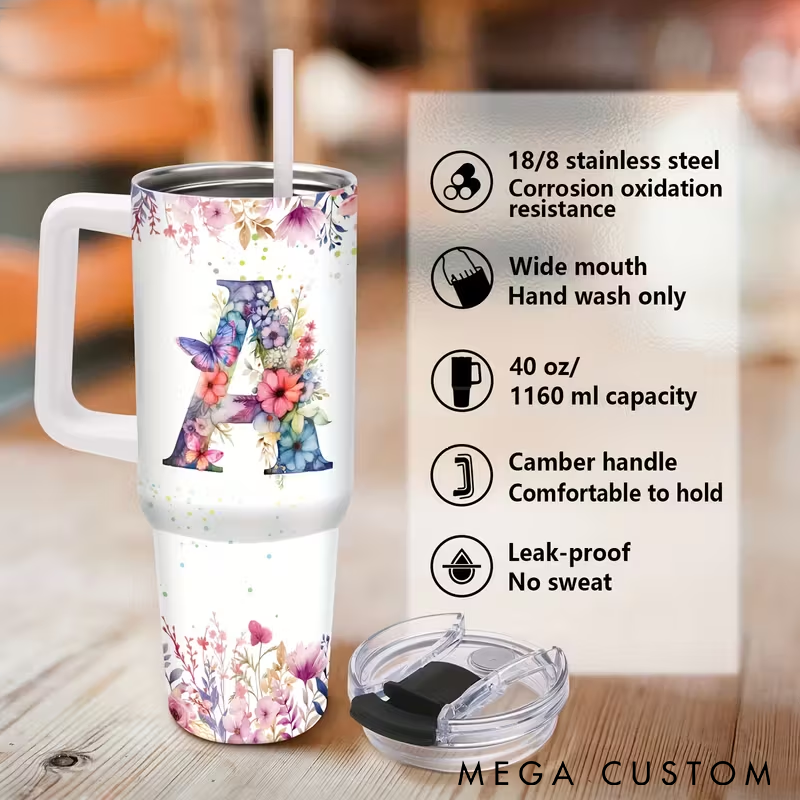 Personalized Tumbler with Handle with Floral Design Stainless Steel Custom Name Insulated for Hot and Cold Drinks Perfect Gift for Women