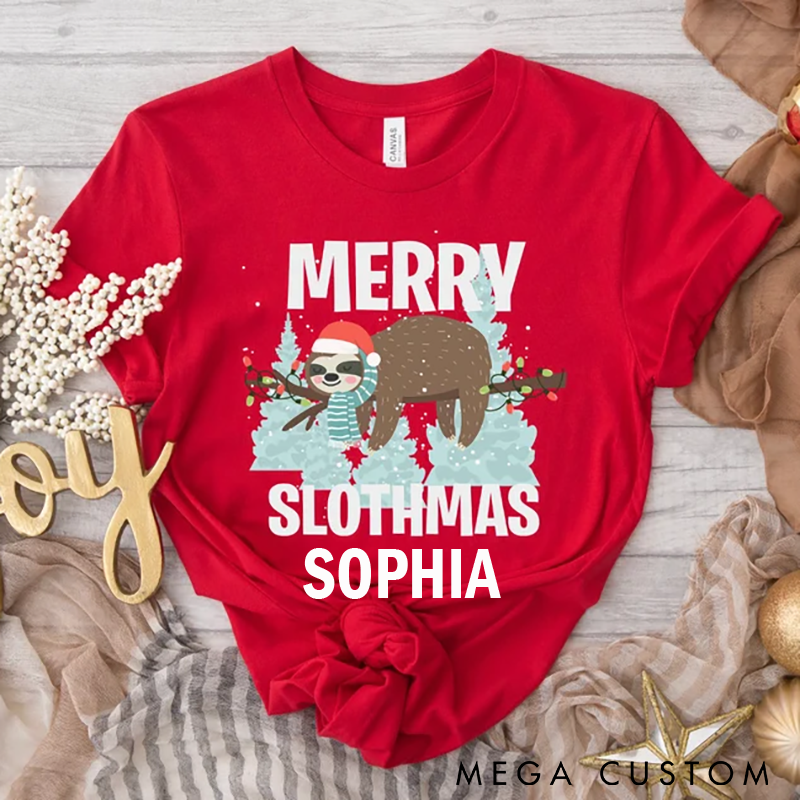 Personalized Sloth Yoga Christmas T-Shirt Funny Merry Slothmas Design Custom Name Perfect Holiday Gift for Yoga Enthusiasts