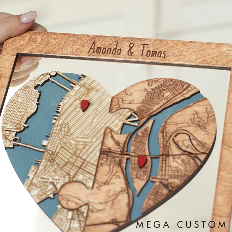 Personalized Heart Map Art Two Locations Heart Puzzle Map Wooden Framed Wall Art Unique Gift for Engagement Wedding or Anniversary