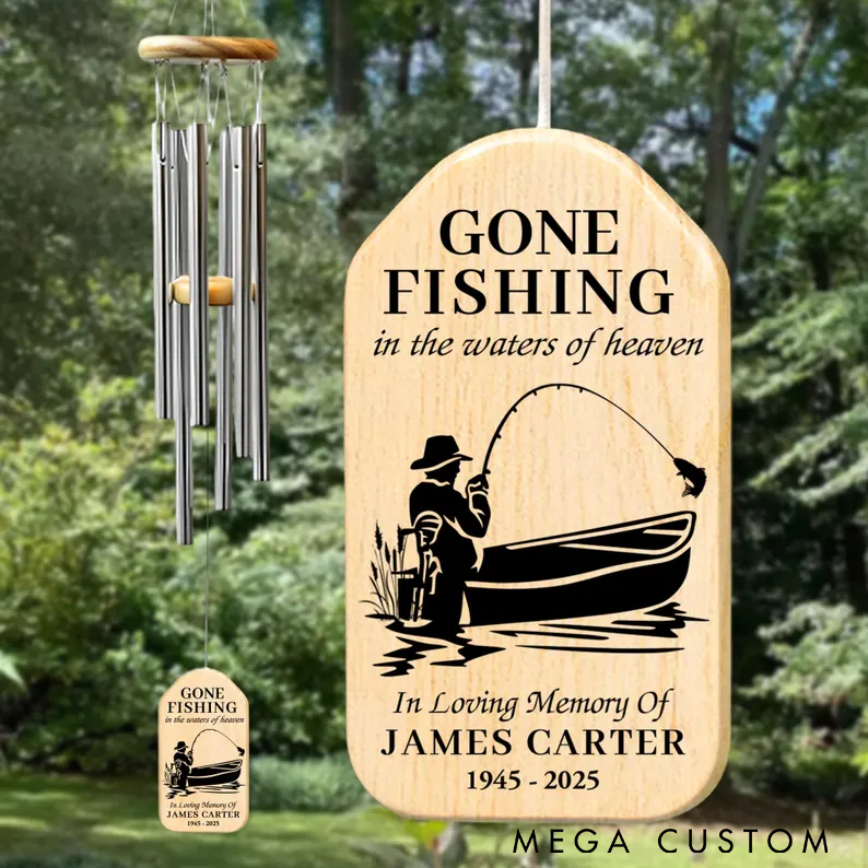 Personalized Memorial Wind Chime Loss Of Dad Memorial Gift Loss Of Grandpa Memorial Wind Chime Gone Fishing Design Tribute Gift for Fishing Lovers in Loving Memory