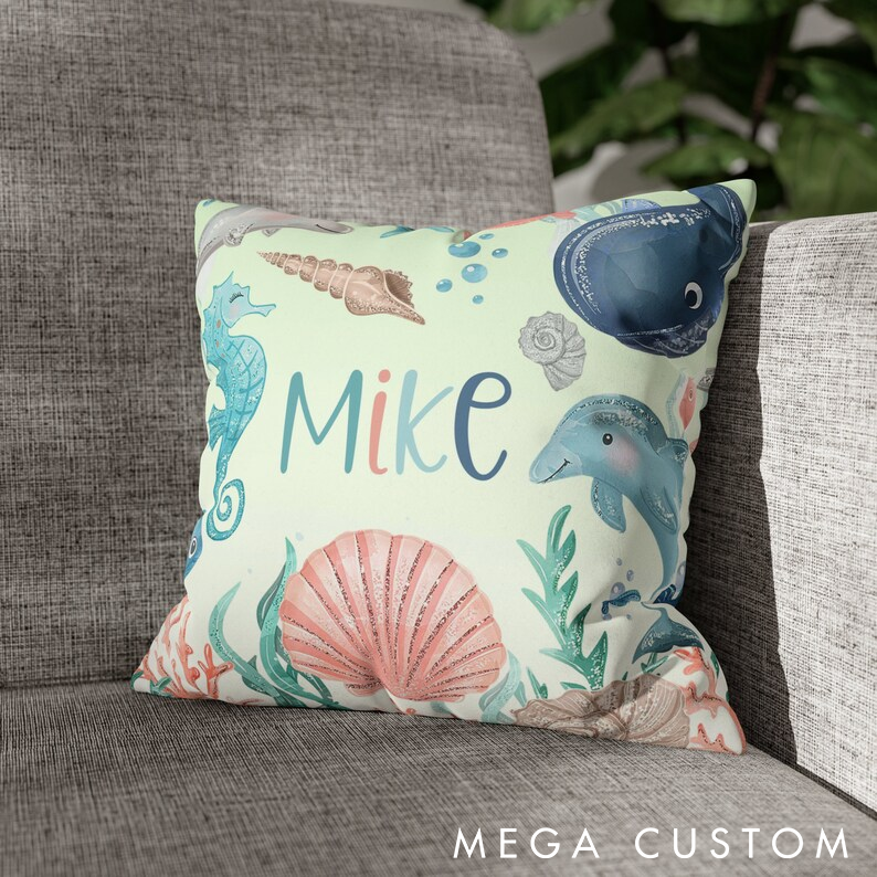 Personalized Ocean Theme Pillow Marine Life Design with Dolphins and Sea Creatures Custom Name Perfect Gift for Fishing and Ocean Lovers