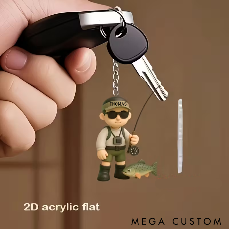 Personalized Fishing Keychain 2D Acrylic Design Custom Name Unique Gift for Anglers Fishermen and Outdoor Enthusiasts
