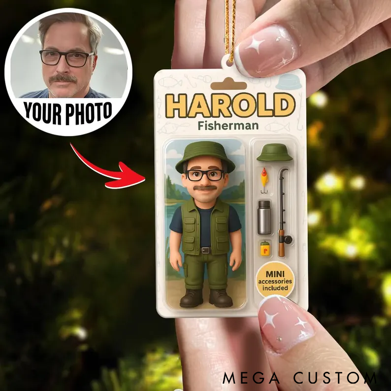 Personalized Fisherman Ornament 2D Flat Cartoon Fisherman Ornament Fishing Christmas Tree Ornament Custom Photo Perfect Gift for Fishing Enthusiasts