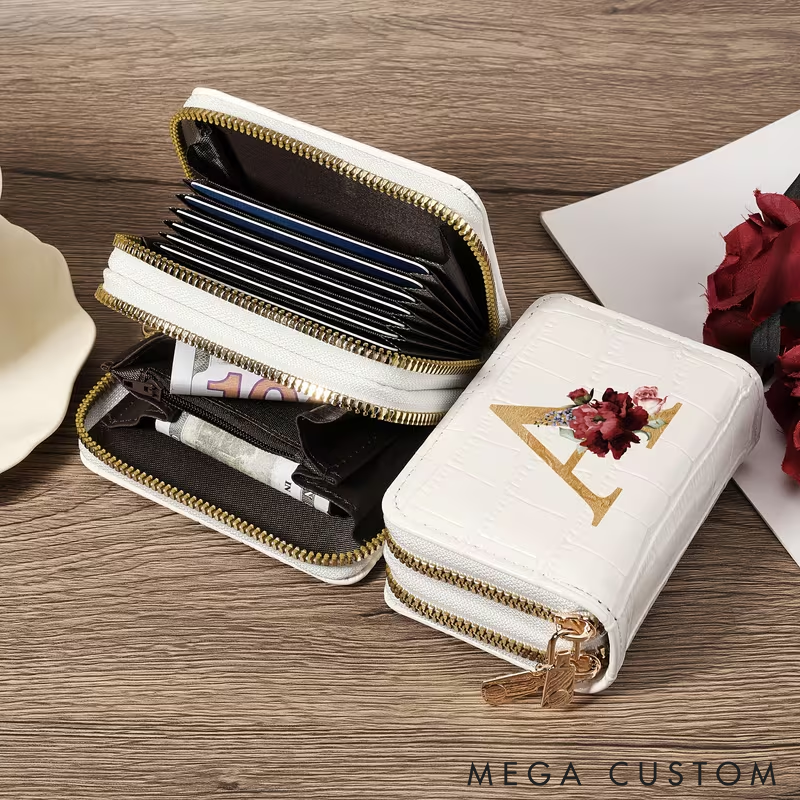 Personalized Small Wallet Custom Initial PU Leather Card Holder with Zipper Compact and Stylish Design for Cash Cards and Coins