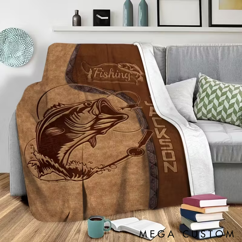 Personalized Fishing Blanket Bass Fish Design Custom Name Soft and Warm Perfect Gift for Anglers and Fishing Enthusiasts
