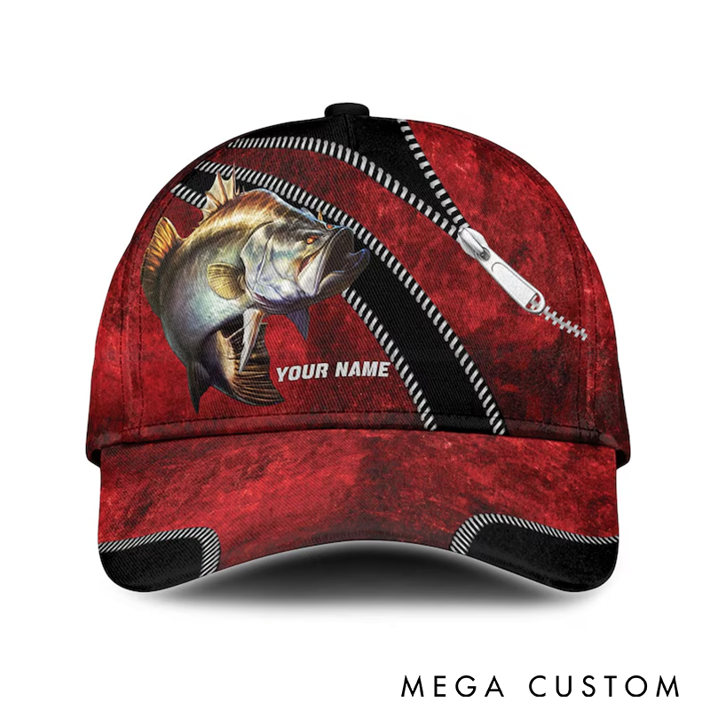 Personalized Fishing Hat Bass Fishing Cap Unique Zipper Design Custom Name Vibrant Bass Print Stylish and Personalized Cap for Fishing Enthusiasts