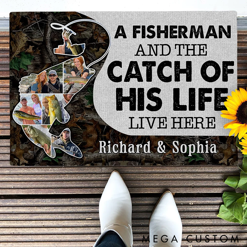 Personalized Fishing Doormat Custom Names and Photos Unique Decor for Fishermans Home Perfect Gift for Fishing Lovers