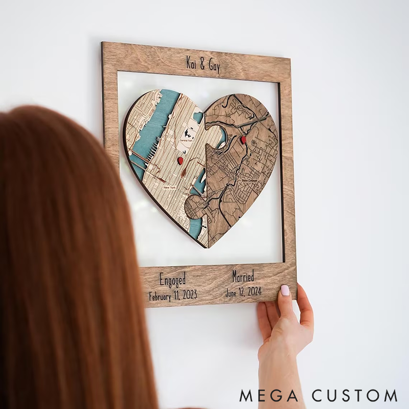 Personalized Heart Map Art Two Locations Heart Puzzle Map Wooden Framed Wall Art Unique Gift for Engagement Wedding or Anniversary