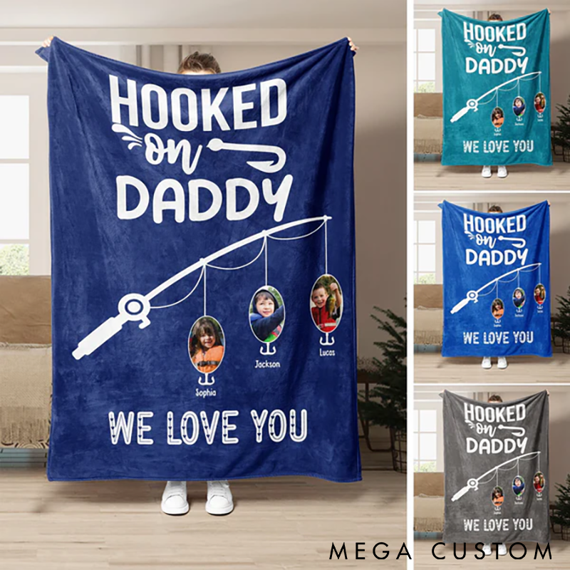 Personalized Fishing Blanket Funny Fishing Blanket for Dad Hooked on Daddy Design Add Kids Photos And Names Soft Gift for Fishing Enthusiast Fathers