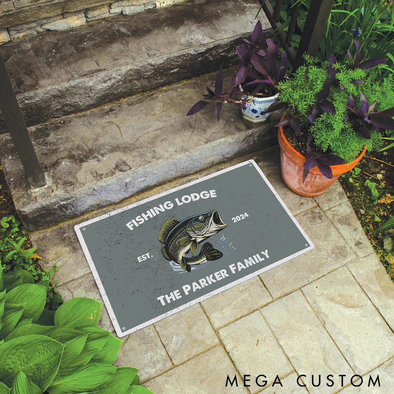 Personalized Fishing Lodge Doormat Fishing Lodge Welcome Mat Custom Name and Time Bass Fish Design Durable and Non-Slip Perfect for Fishing Enthusiasts