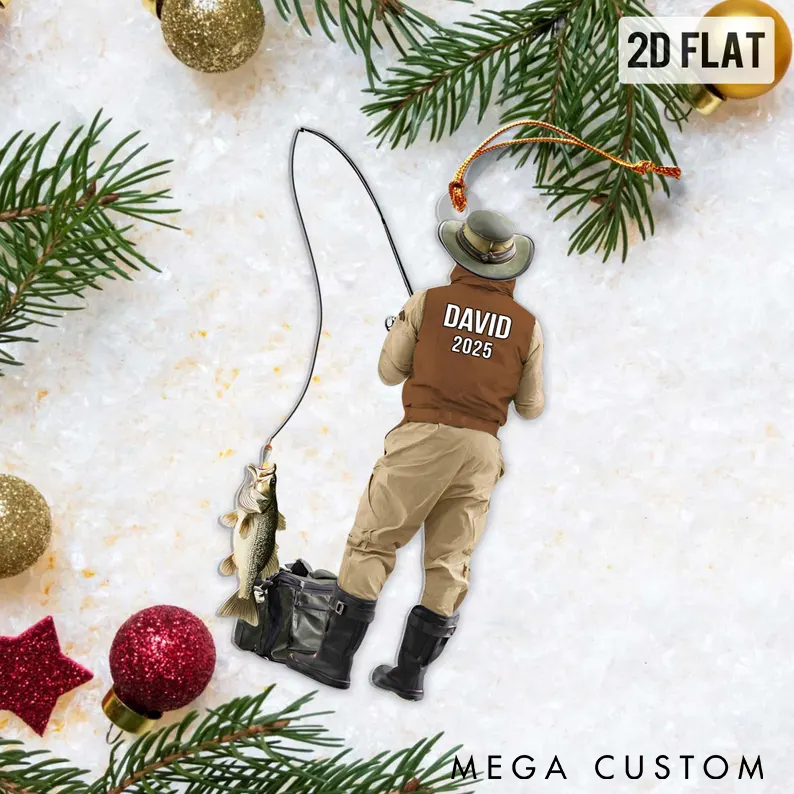 Personalized Fishing Ornament Custom Name and Time 2D Flat Design Unique Christmas Tree Decoration for Fishing Lovers