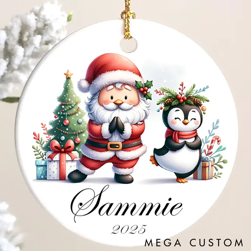 Personalized Yoga Christmas Ornament Fitness Lover Holiday Tree Decoration Festive Santa and Penguin Design Custom Name and Time Perfect Holiday Gift for Yoga Enthusiasts