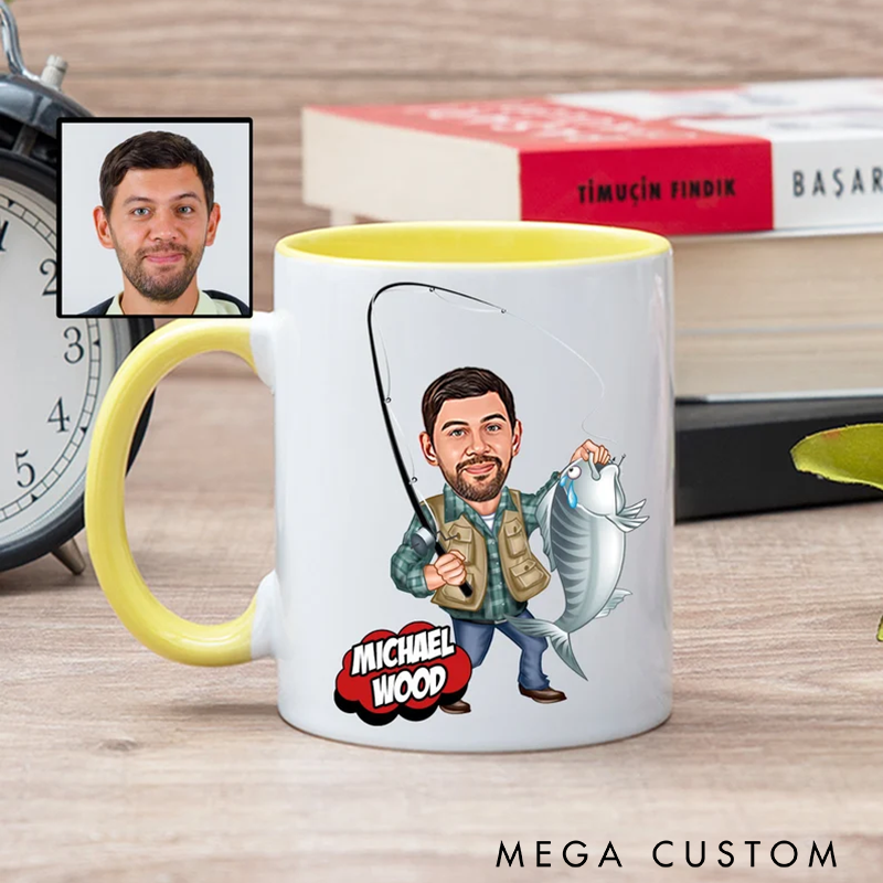 Personalized Fishing Mug Custom Cartoon Portrait and Name Fishing Gifts for Dad from Daughter Grandpa Fishing Mug Fishing Cup Fishing Caricature Gift