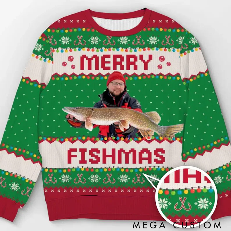 Personalized Merry Fishmas Sweatshirt Photo Fisherman Ugly Sweatshirt Funny Christmas Jumpers Photo Gift For Fishing Lover