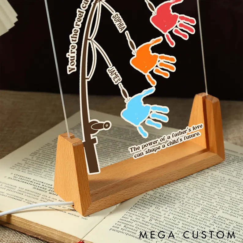 Personalized Fishing Acrylic Night Light Custom Title Names and Handprint Perfect Father's Day Gift for Fishing Lovers Unique Desk Decor