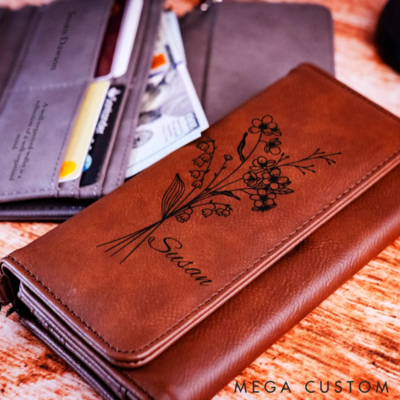 Personalized Birth Flower Leather Wallet Women's Wallet Leather Wallet for Women Custom Name and Floral Multiple Card Slots Zipper Pocket Stylish and Functional Gift