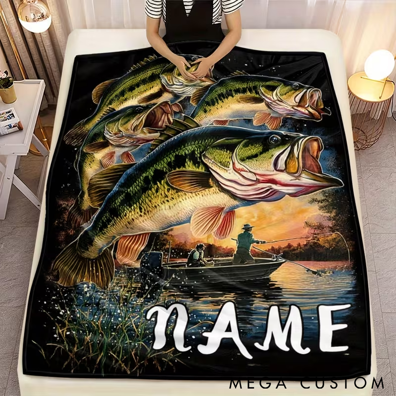 Personalized Fishing Blanket Funny Fishing Blanket Custom Name Vibrant Bass Design Cozy and Soft Perfect Gift for Anglers and Outdoor Enthusiasts