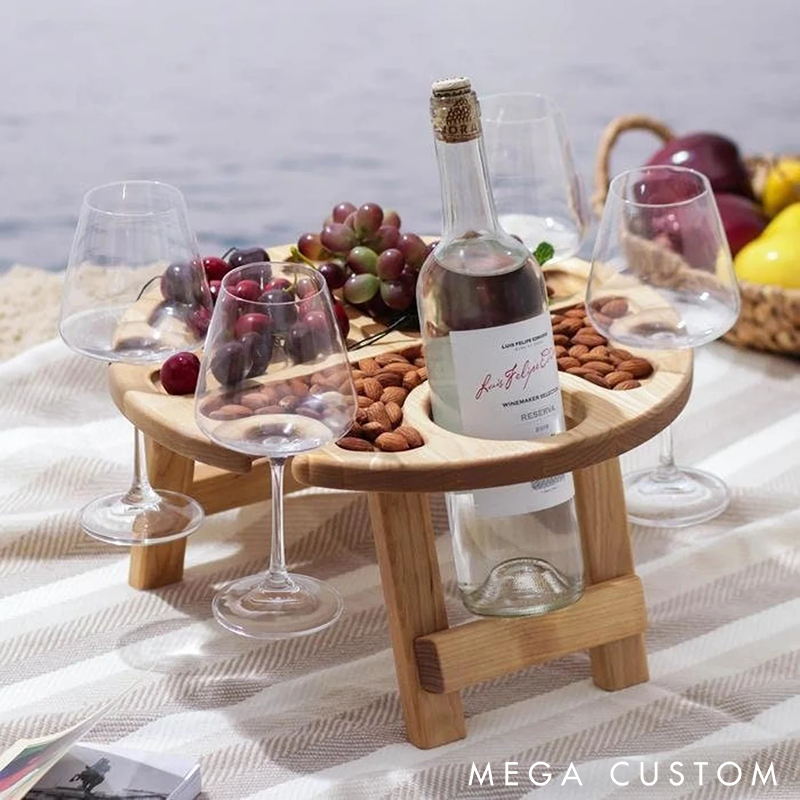 Personalized Wooden Folding Wine Picnic Table with Snack Holder Patio Furniture Portable Custom Engraved Outdoor Serving Tray for Camping or Gatherings