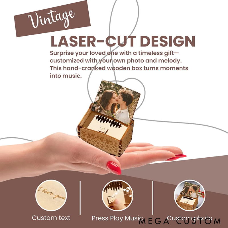 Personalized Wooden Music Box Custom Song Photo and Text Laser-Cut Craft Perfect Gift for Loved Ones