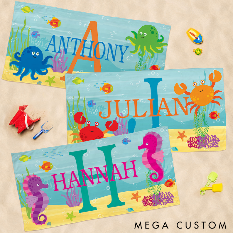 Personalized Ocean Theme Towel Funny Beach Towel with Sea Creatures Custom Name and Initial Perfect for Swimming Fishing or Beach Days