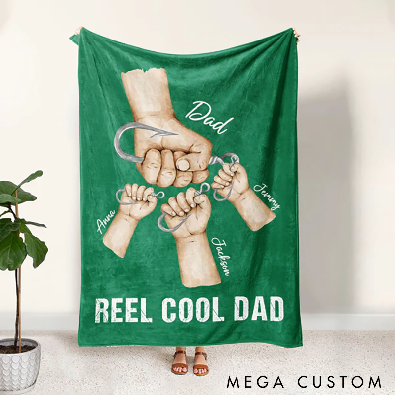 Personalized Fishing Blanket Reel Cool Dad or Papa Design Add Kids Names Soft Gift for Fishing Enthusiast Fathers or Grandpas