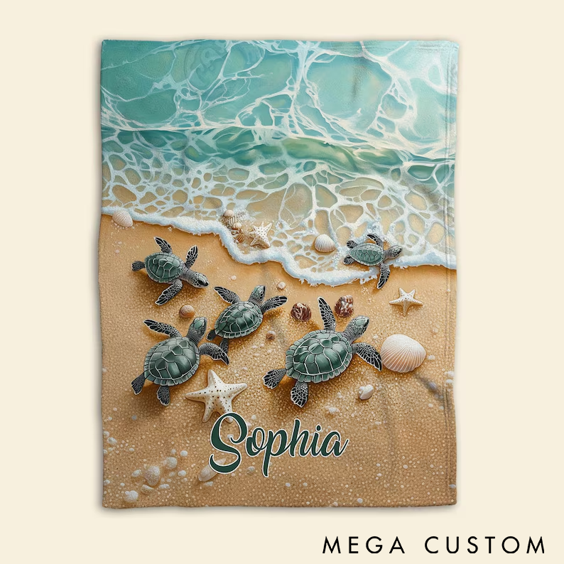 Personalized Sea Turtle Beach Blanket Ocean Theme Beach Blanket Custom Name Throw for Fishing Lovers Cozy Home Decor or Outdoor Adventures