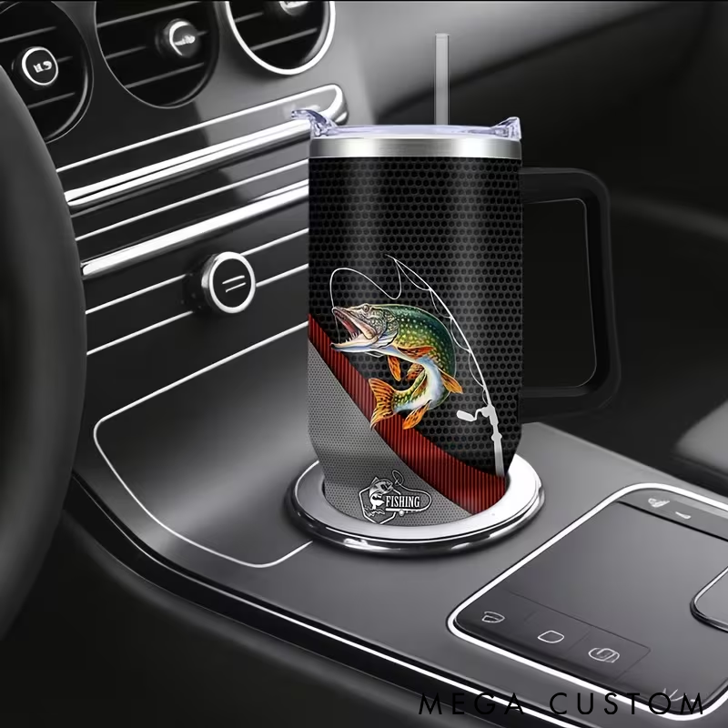 Personalized Fishing Tumbler with Handle with Fish Design Custom Name Stainless Steel Insulated Mug for Fishing Enthusiasts