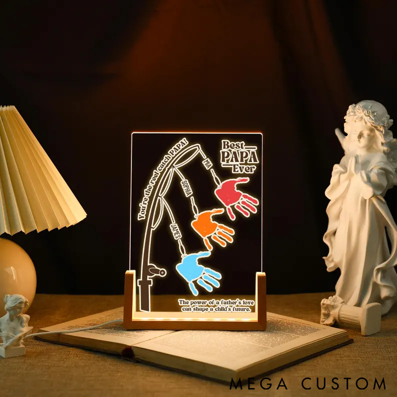 Personalized Fishing Acrylic Night Light Custom Title Names and Handprint Perfect Father's Day Gift for Fishing Lovers Unique Desk Decor