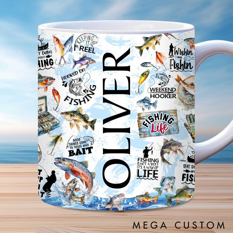 Personalized Fishing Mug Custom Name Ceramic Coffee Cup with Funny Fishing Quotes and Fish Designs Perfect Gift for Fishing Enthusiasts