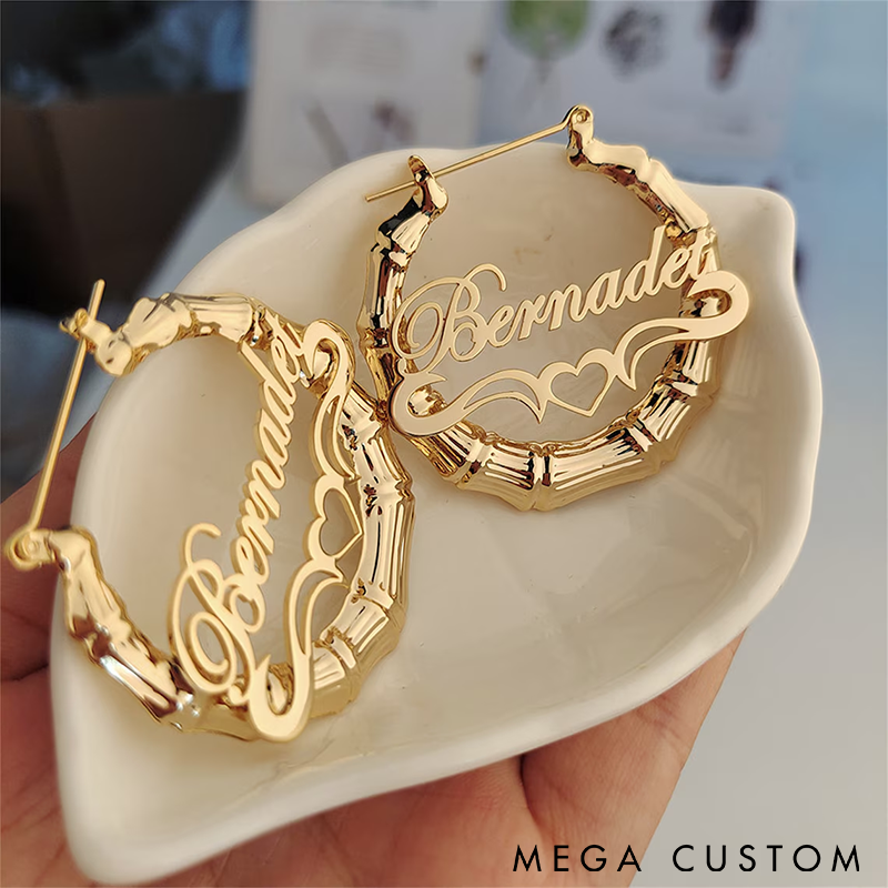Personalized Bamboo Hoop Earrings Custom Name Jewelry with Heart Design Unique Gift for Women Stylish and Lightweight Accessories