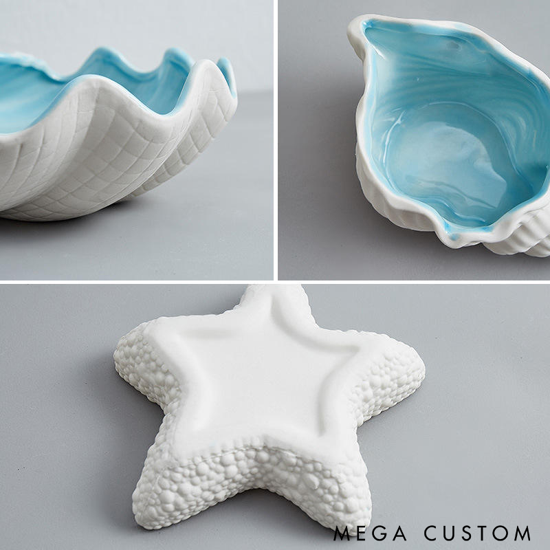 Ocean-Themed Ceramic Jewelry Dish Handmade Ceramic Seashell Starfish Conch Clam Tray Elegant Organizer for Accessories Keys and Coins Decorative Home Gift