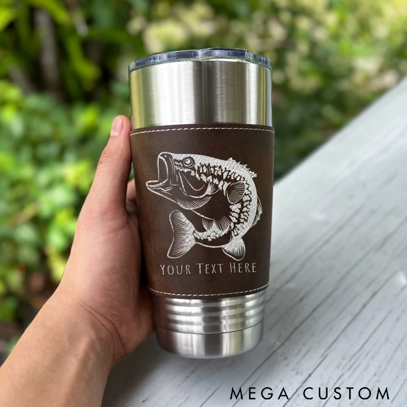Personalized Fishing Tumbler Bass Fish Tumbler Custom Text Leather Wrap Stainless Steel Insulated Mug Perfect Gift for Fishing Enthusiasts