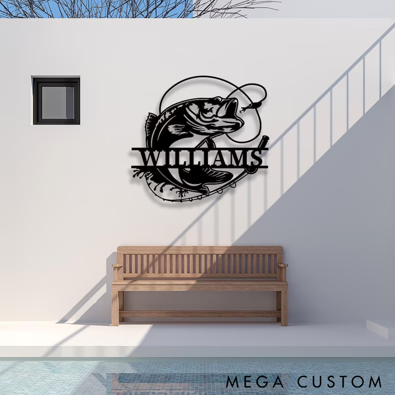 Personalized Fishing Metal Wall Art Outdoor Bass Fishing Sign Custom Name Durable and Stylish Perfect for Anglers Home Cabin or Fishing-Themed Decor
