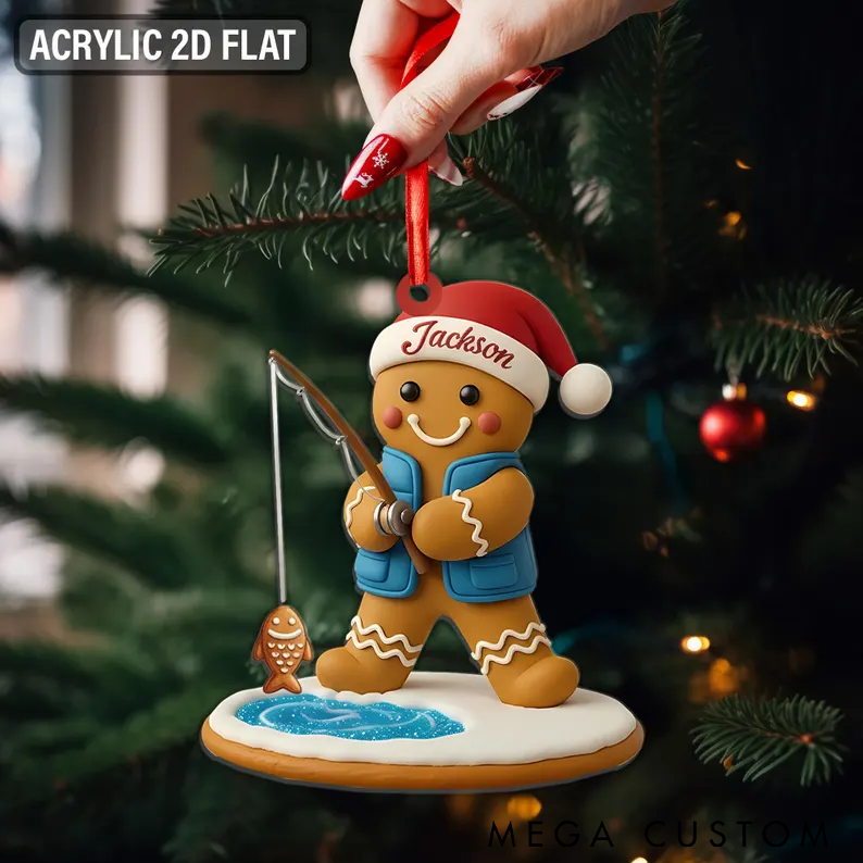 Personalized Gingerbread Fishing Ornament Fishing Christmas Ornament Custom Name Acrylic 2D Flat Design Cute Christmas Tree Decoration for Fishing Lovers