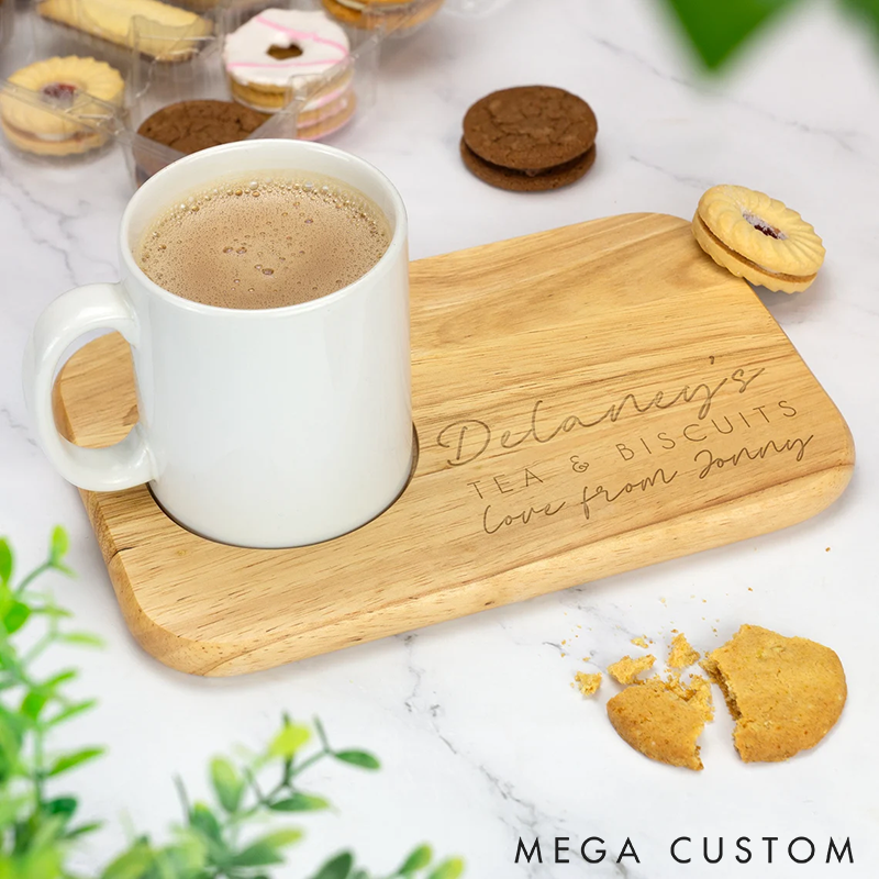 Personalized Wooden Tea Tray Custom Engraved Cup and Biscuit Holder Perfect for Afternoon Tea Unique Gift for Tea Lovers
