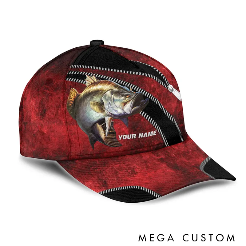 Personalized Fishing Hat Bass Fishing Cap Unique Zipper Design Custom Name Vibrant Bass Print Stylish and Personalized Cap for Fishing Enthusiasts