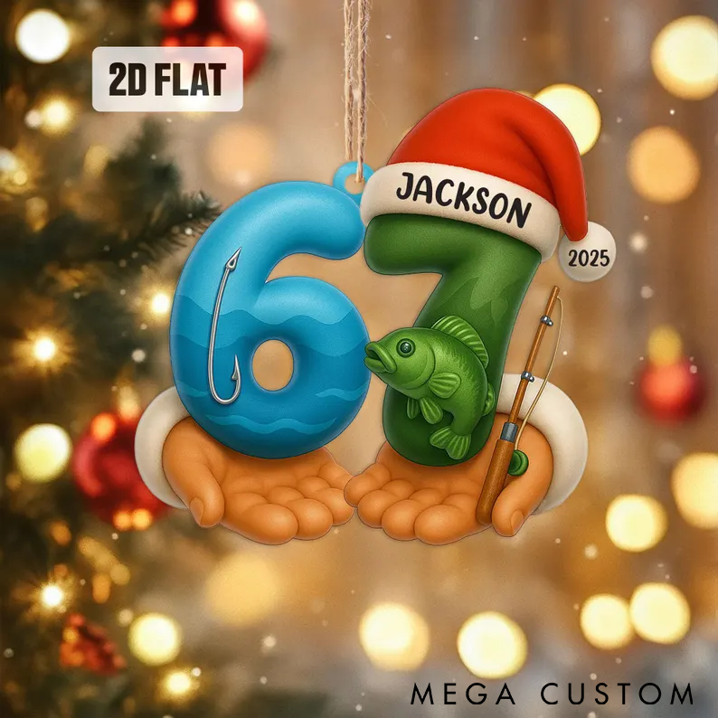 Personalized Fishing Christmas Ornament Funny Six Seven Christmas Tree Ornament Custom Name and Time Unique 2D Flat Design with Fish and Hook Perfect for Fishing Enthusiasts
