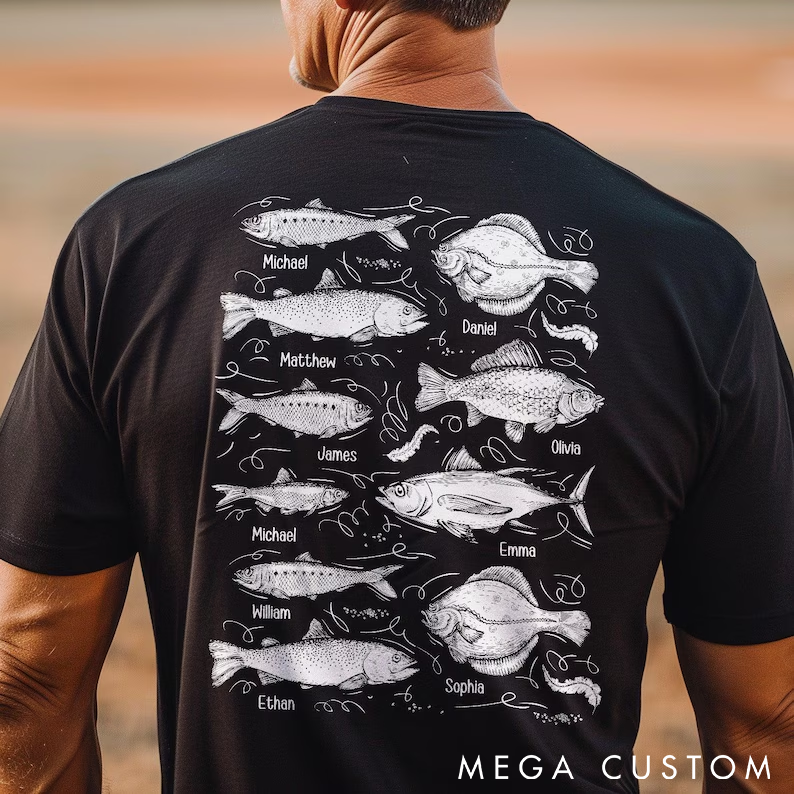Personalized Fishing T-Shirt with Fish Design Custom Names Comfortable and Stylish Gift for Fishing Enthusiasts and Outdoor Adventures