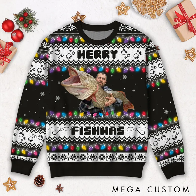 Personalized Merry Fishmas Sweater Fishing Ugly Christmas Sweater Custom Photo Perfect Holiday Gift for Anglers and Fishing Fans