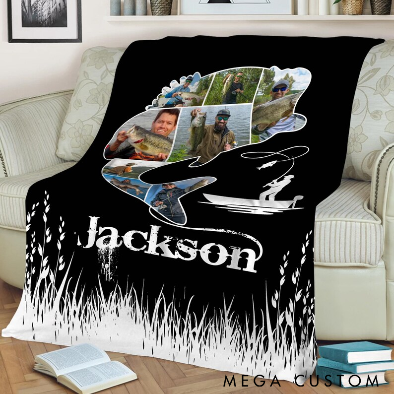 Personalized Fishing Photo Blanket Custom Name Soft Throw with Fish Shape Collage Perfect Gift for Fishing Lovers and Outdoor Enthusiasts