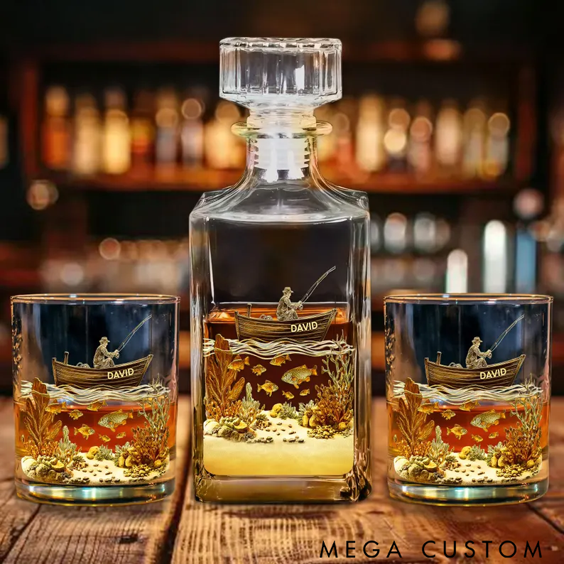 Personalized Fishing Whiskey Bottle and Glass Set Fishing Boat Design Custom Fisherman Gift Whiskey Bottle Gift for Dad Fishing Gift
