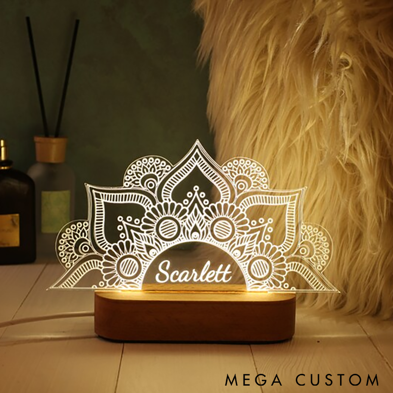 Personalized Mandala Yoga Night Light LED Lamp with Wooden Base  Custom Name Perfect for Meditation Relaxation and Yoga Room Decor