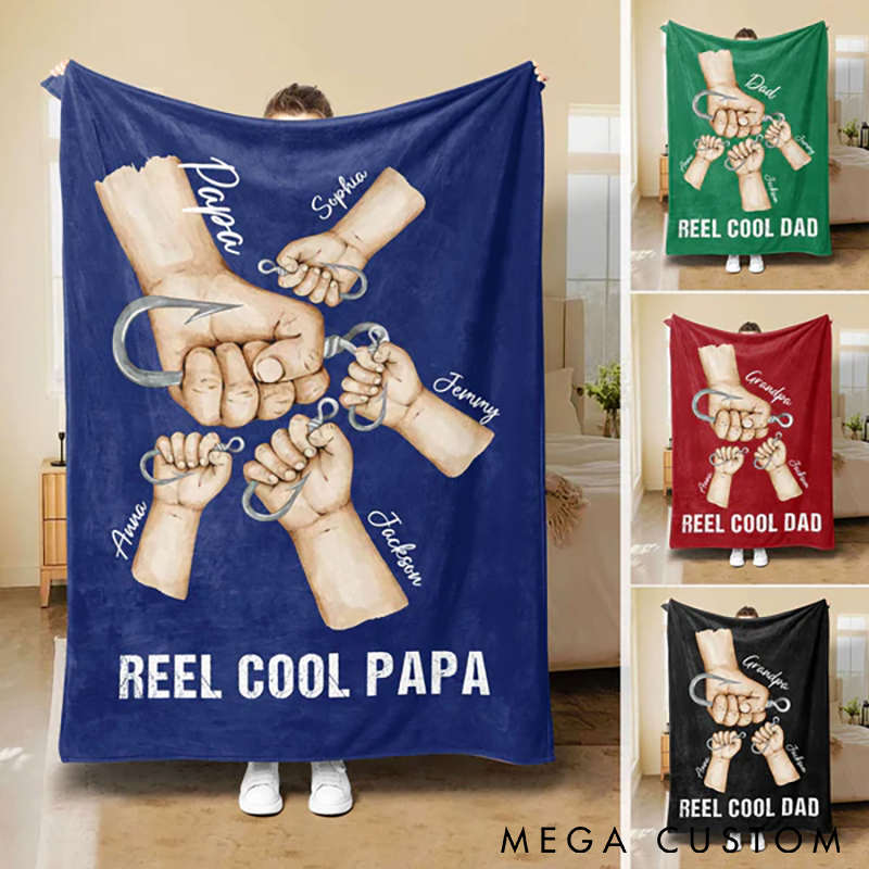 Personalized Fishing Blanket Reel Cool Dad or Papa Design Add Kids Names Soft Gift for Fishing Enthusiast Fathers or Grandpas