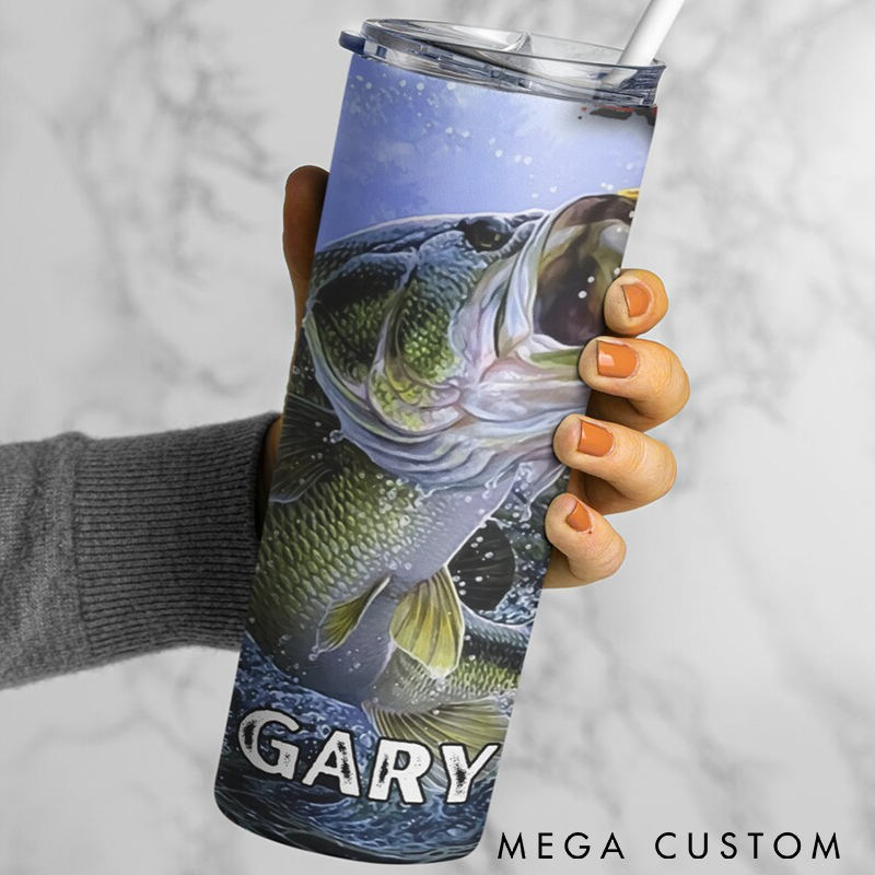 Personalized Fishing Tumbler Custom Name with Bass Fish and American Flag Design Fishing Travel Tumbler Bass Fishing Gifts Perfect Gift for Fishing Enthusiasts