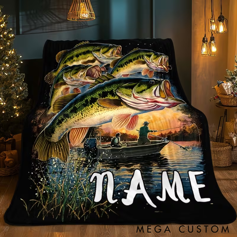Personalized Fishing Blanket Funny Fishing Blanket Custom Name Vibrant Bass Design Cozy and Soft Perfect Gift for Anglers and Outdoor Enthusiasts