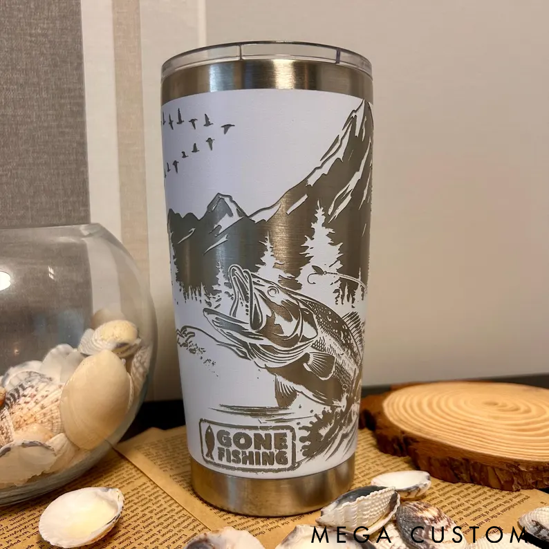Personalized Fishing Tumbler Custom Name Outdoor Nature Design Stainless Steel Insulated Cup for Hot and Cold Drinks Perfect Gift for Fishing Lover