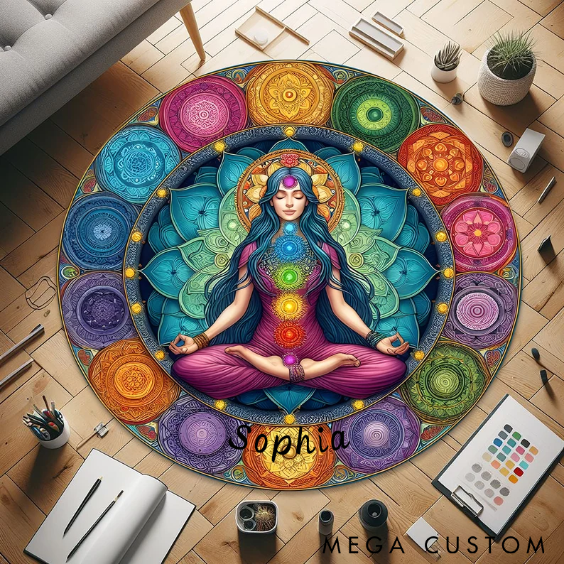 Personalized Yoga Mandala Rug Chakra Meditation Design Custom Name Soft and Vibrant Floor Mat for Yoga Meditation or Home Decor